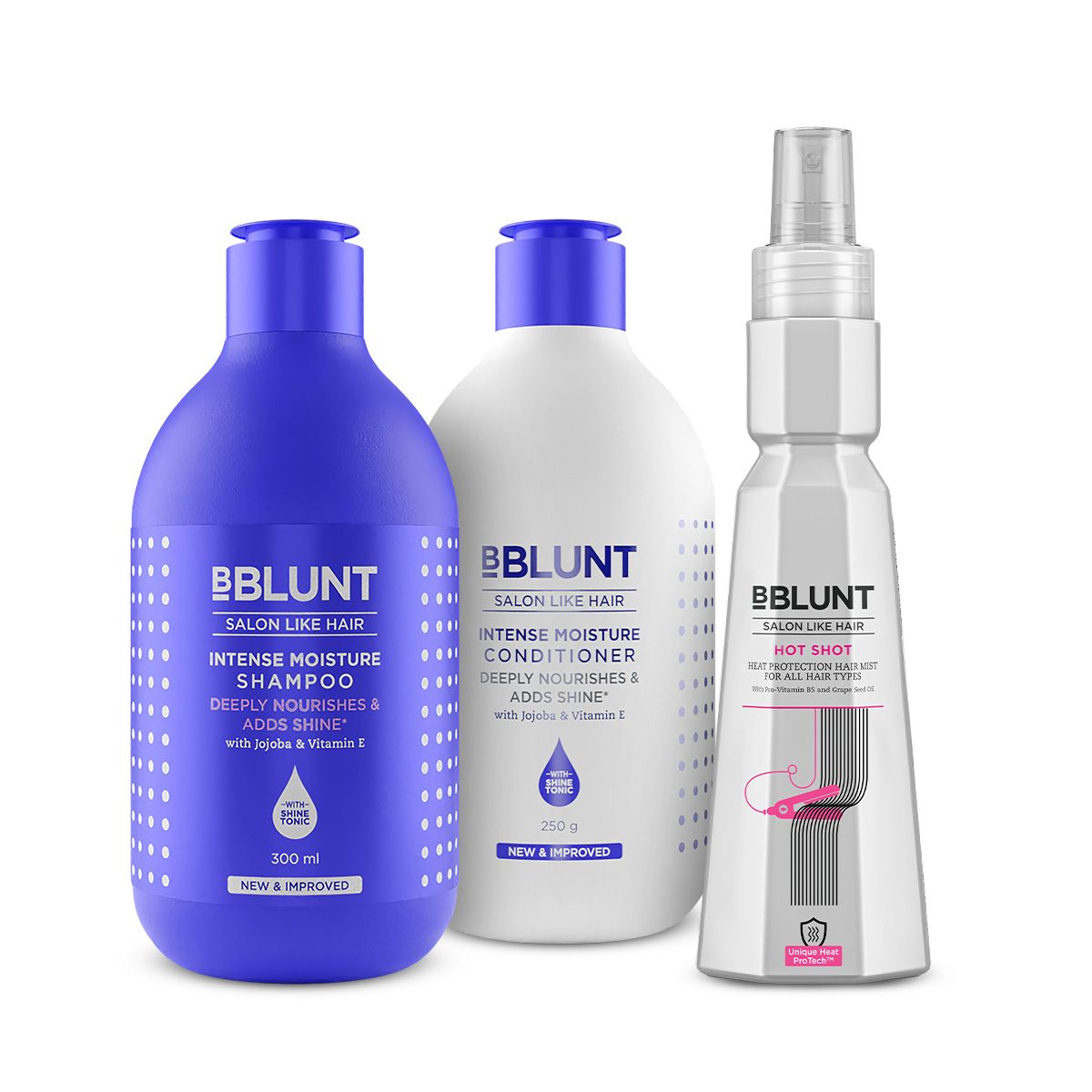 BBLUNT Hair Care & Styling Kit (Intense Moisture Shampoo, Intense Moisture Conditioner & Hot Shot Heat Protection Mist)