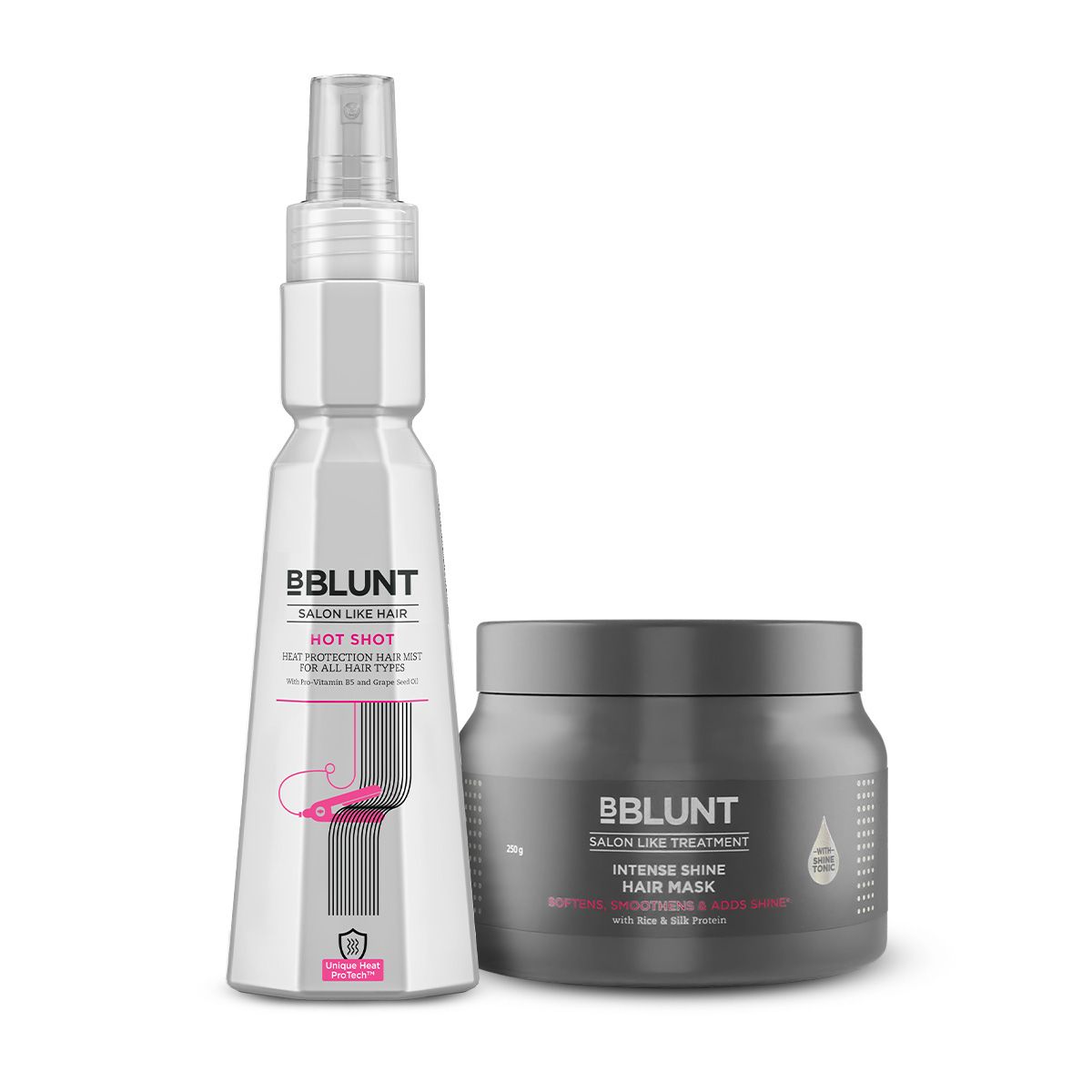 BBLUNT Protect & Shine Combo (Hot Shot Heat Protection Mist (150 ml), Intense Shine Hair Mask (250 g)