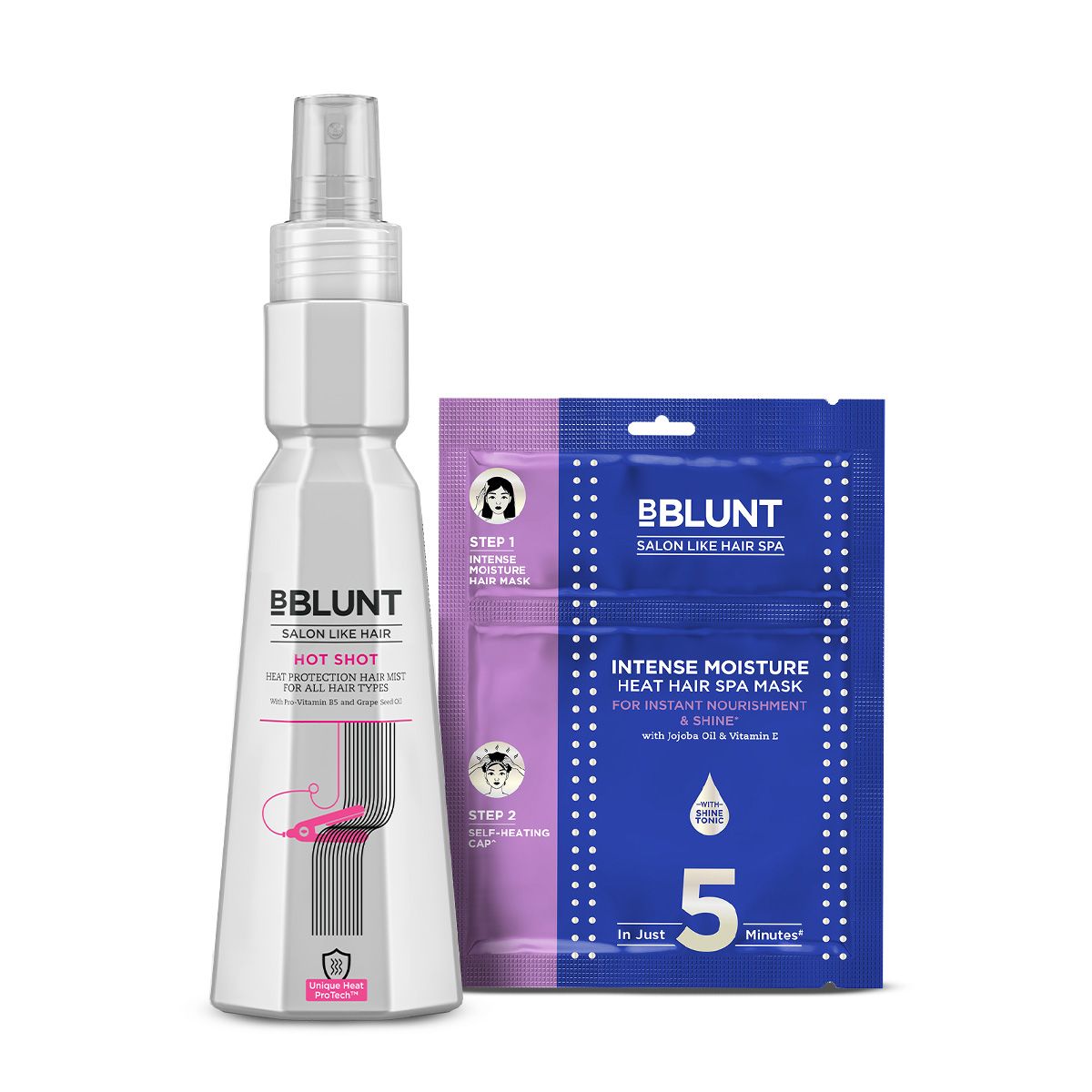 BBLUNT Heat Protect & Hair Spa Combo (Hot Shot Heat Protection Mist (150 ml), Intense Moisture Heat Hair Spa Mask (70 g)