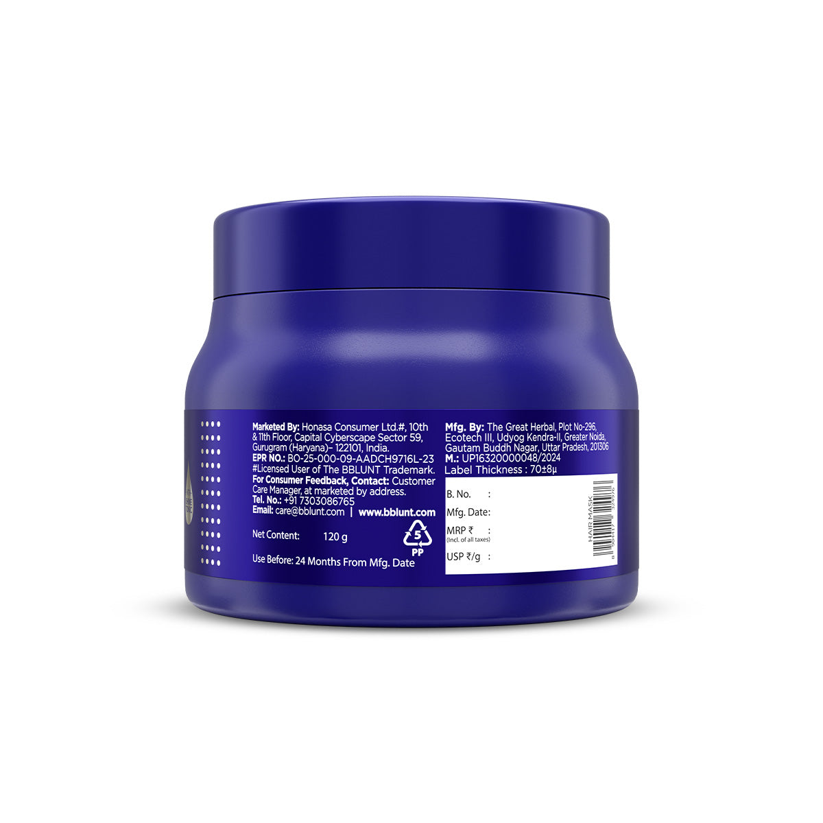Intense Moisture Hair Mask with Jojoba Oil & Vitamin E for Nourished & Shiny Hair- 120 g