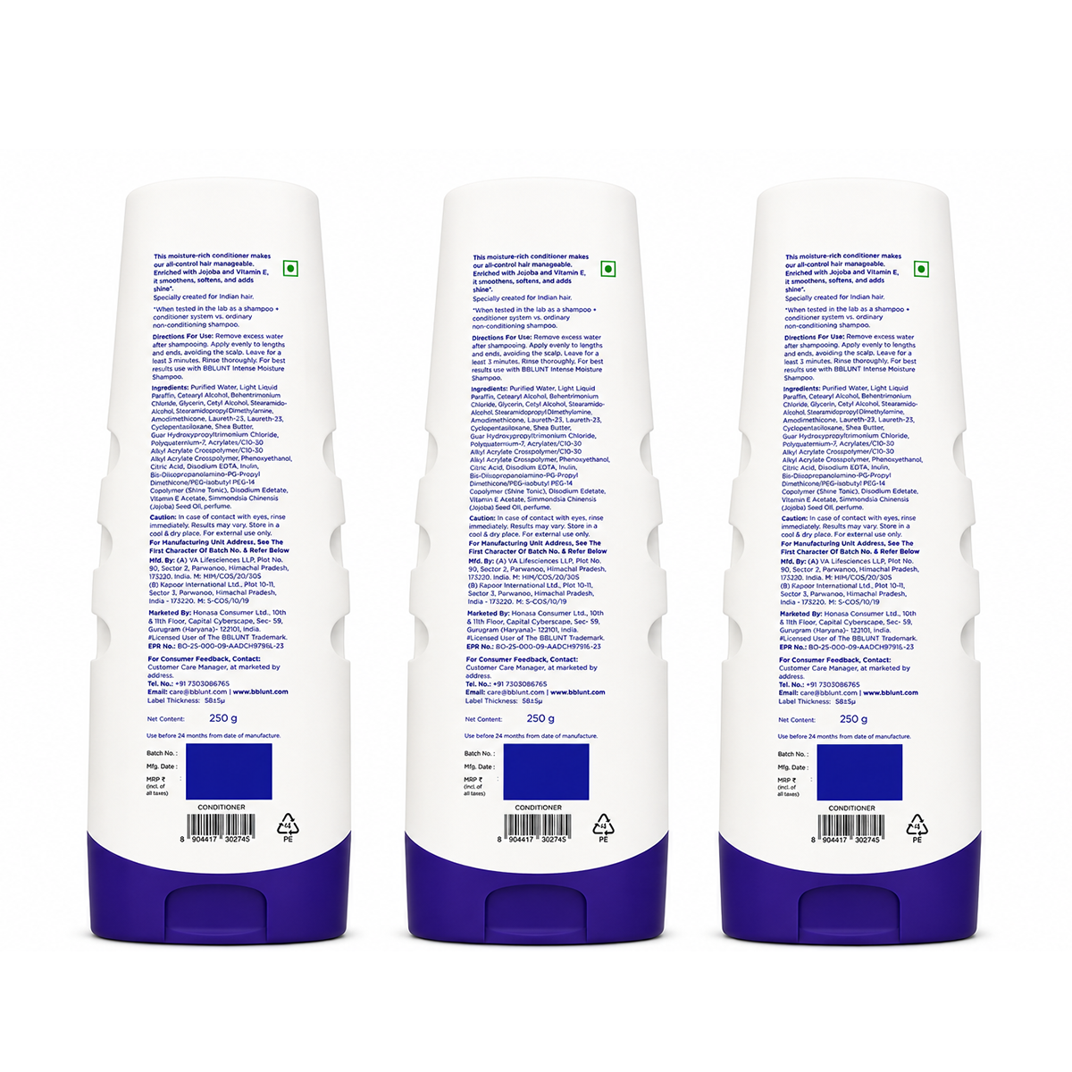 Intense Moisture Conditioner with Vitamin E & Jojoba for Dry & Frizzy Hair - 250 g(Pack of 3)