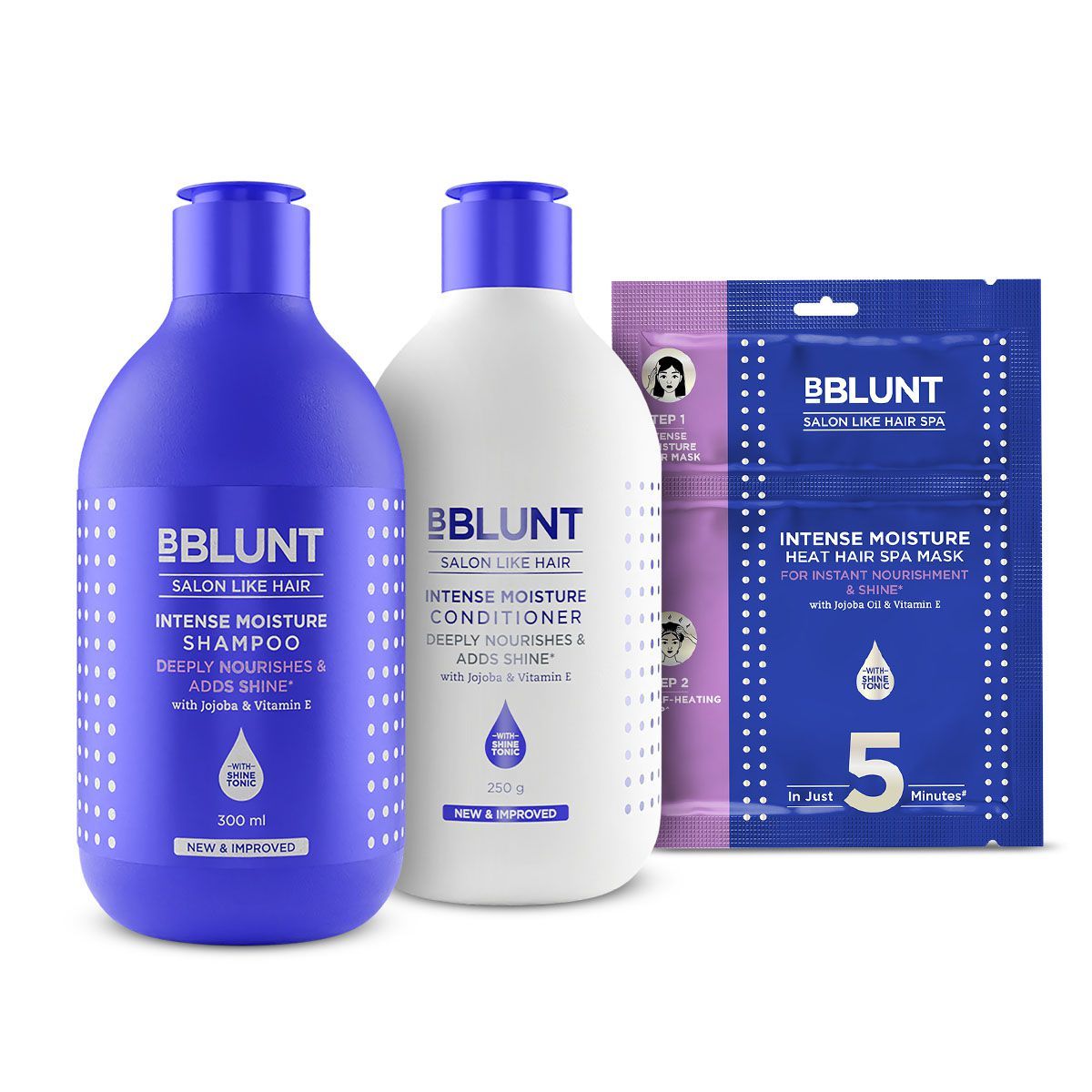 BBLUNT 3-Step Intense Moisture Combo (Intense Moisture Shampoo + Intense Moisture Conditioner + Intense Moisture Heat Hair Spa Mask)
